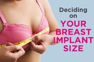 deciding on your breast implant size infographic - woman wearing bra measuring her breasts